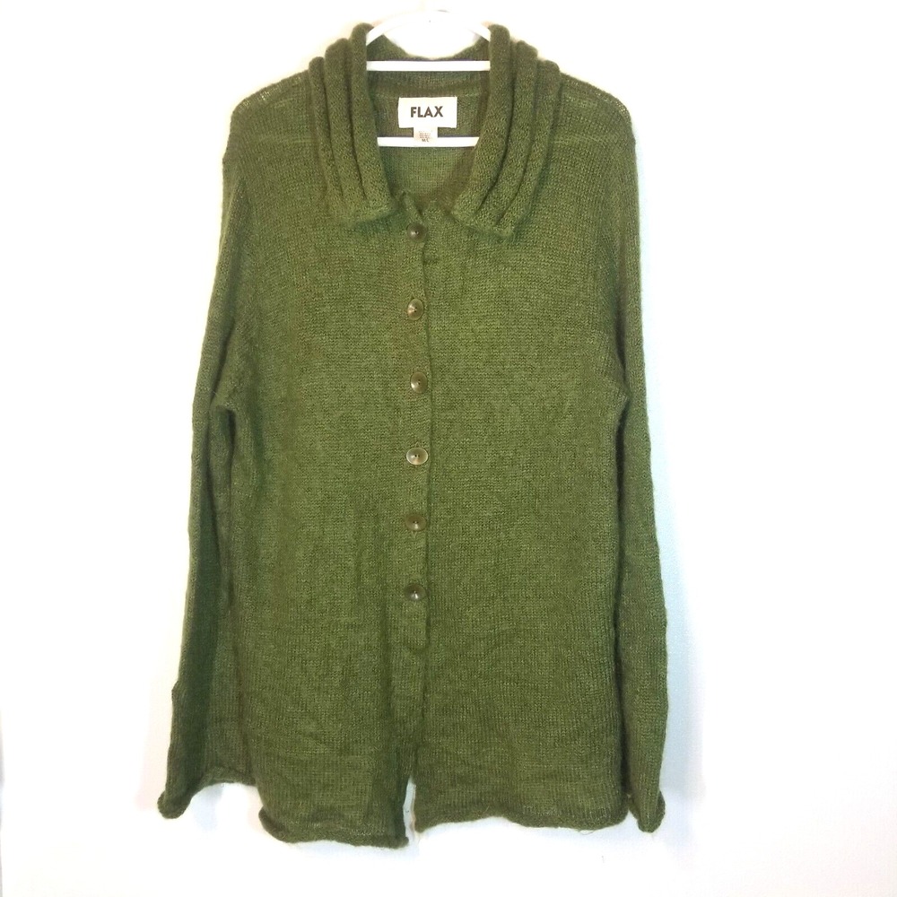 FLAX Mohair Blend Rich Green Lightweight Oversized Cardigan Sweater Size M/L